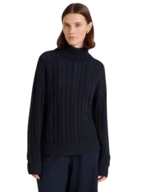 Finery London Vivana Cable-Knit Turtleneck Sweater in Navy